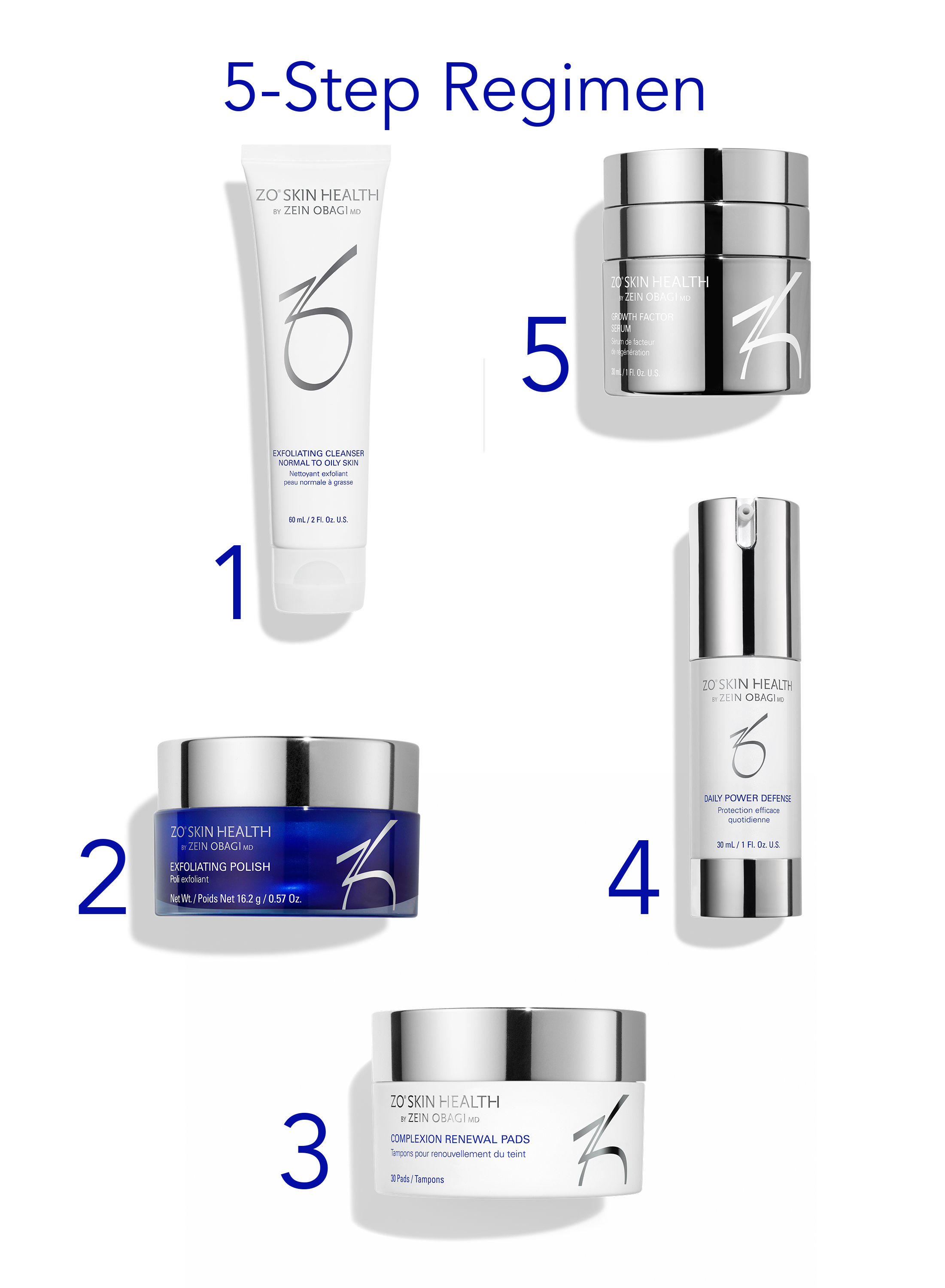 Five skincare products with labels on a white background