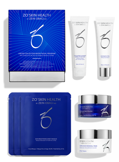A collection of ZO Skin Health micro facial program products displayed, including cleanser, polish, pads, peel, and masks.