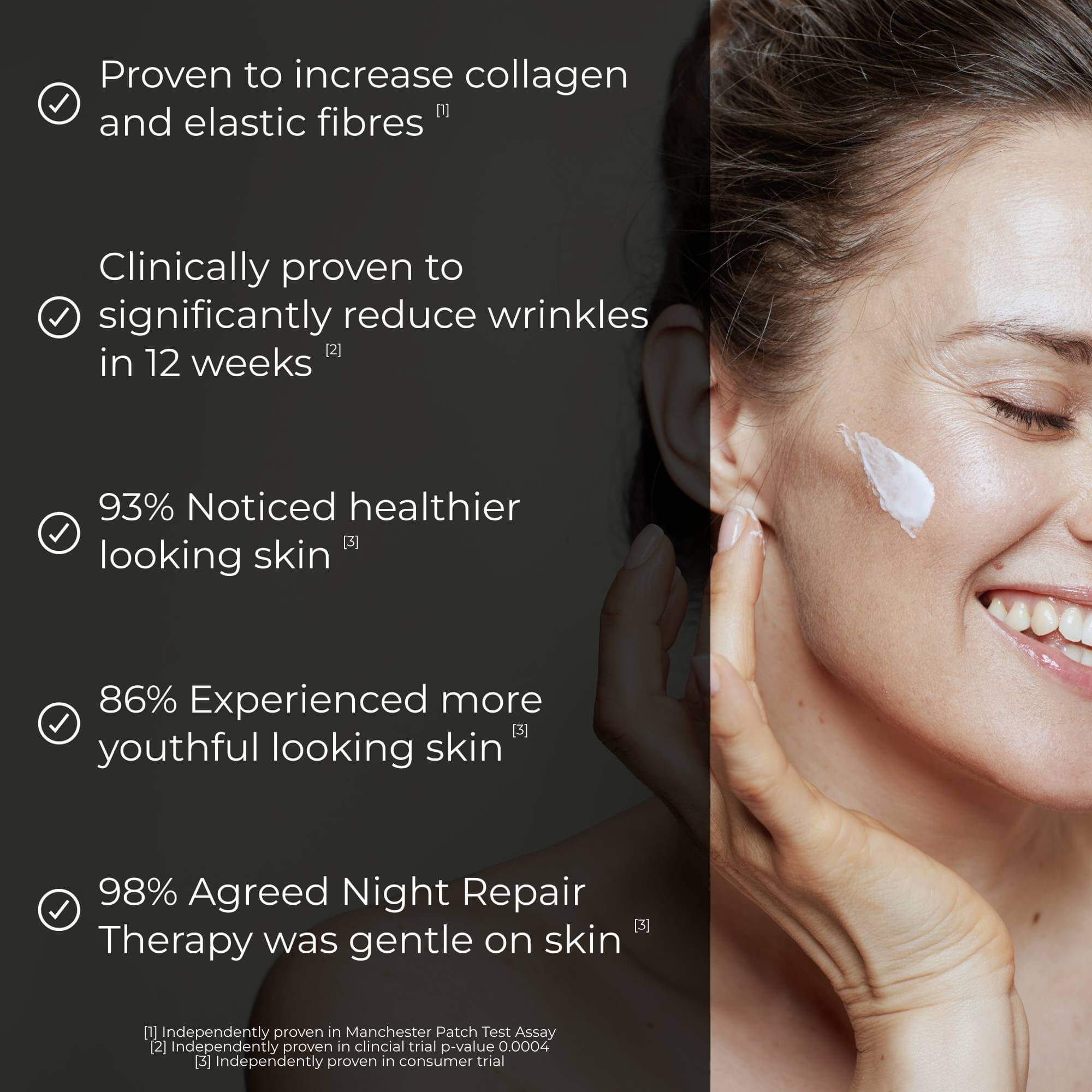 Woman applying cream to her face with skincare benefits listed on the left.