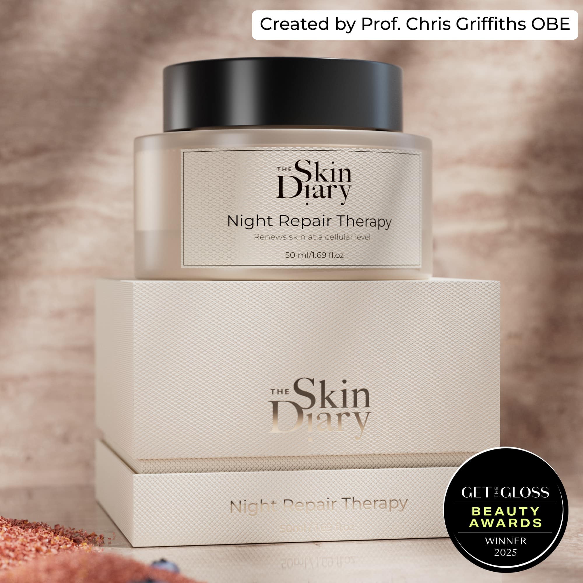 The Skin Diary Night Repair Therapy jar and box with a Getglloss Beauty Awards 2023 badge on a blurred background. Available at South William Clinic
