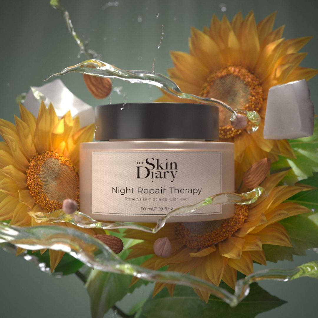 The Skin Diary Night Repair Therapy 50ml jar centered between large yellow sunflowers with water splashes and almonds around it on a dark green background.